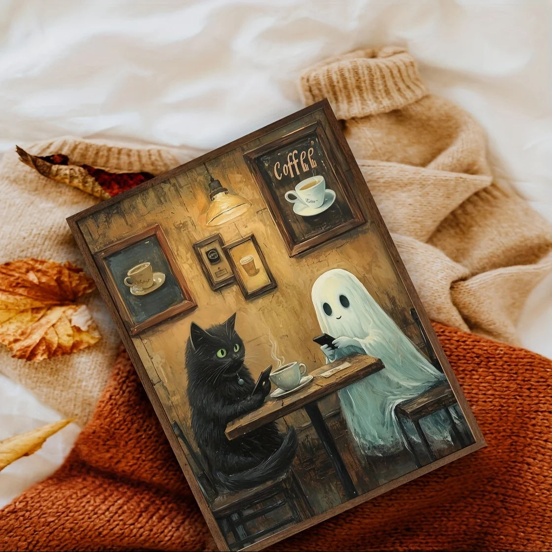Ghost in Coffee Shop with Black Cat – Cosy Spooky Canvas Print for Home Décor