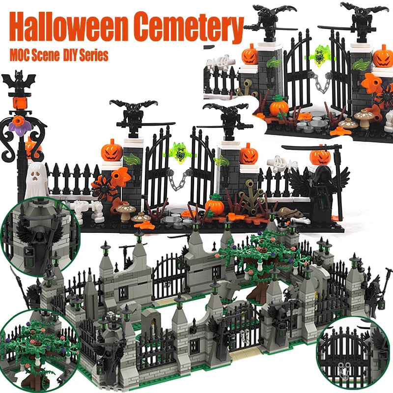 Halloween-themed model building set with pumpkins, ghosts, and a gate on a white background.