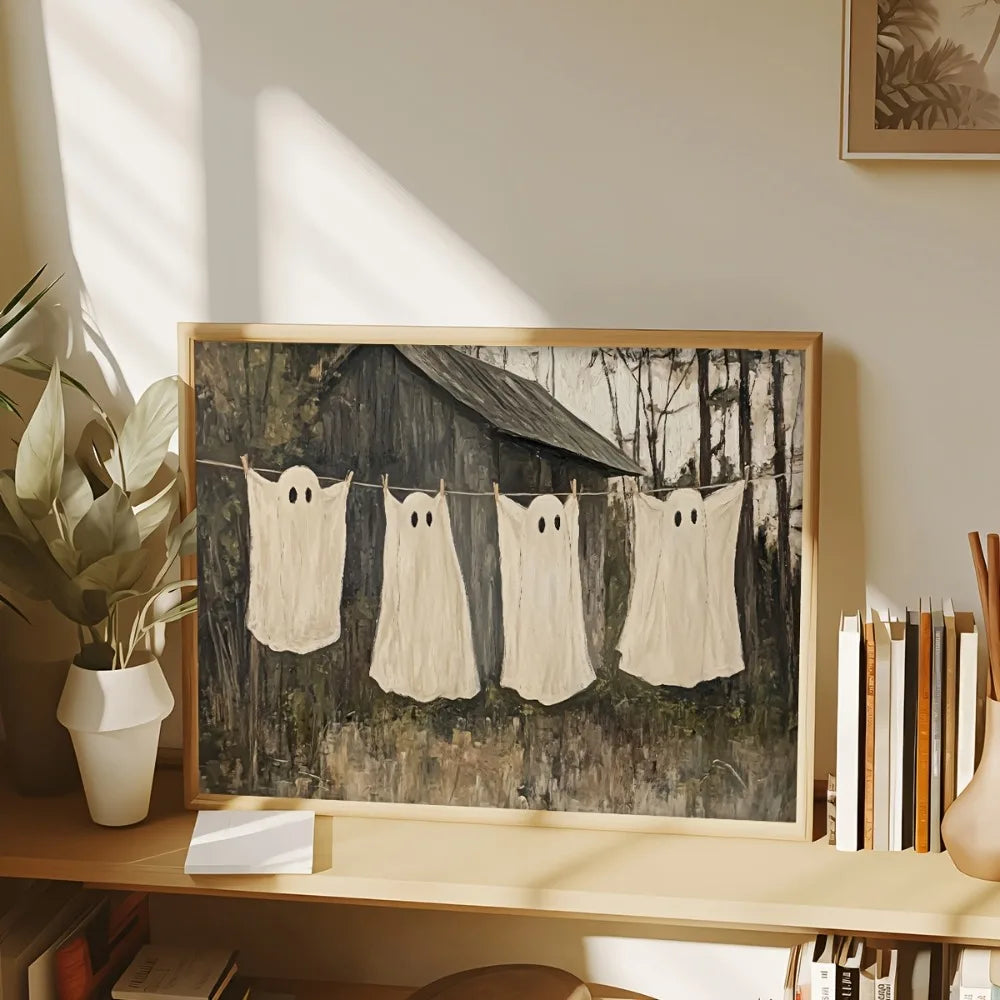 Rustic Ghost Clothesline Canvas – Spooky Farmhouse Art