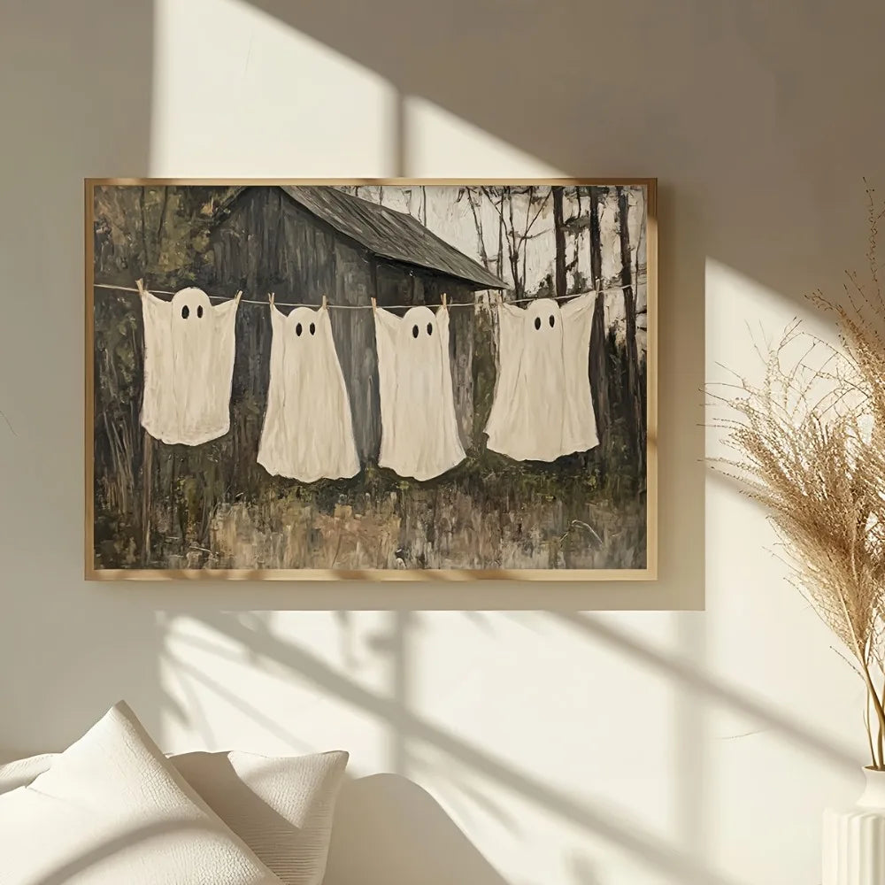 Rustic Ghost Clothesline Canvas – Spooky Farmhouse Art