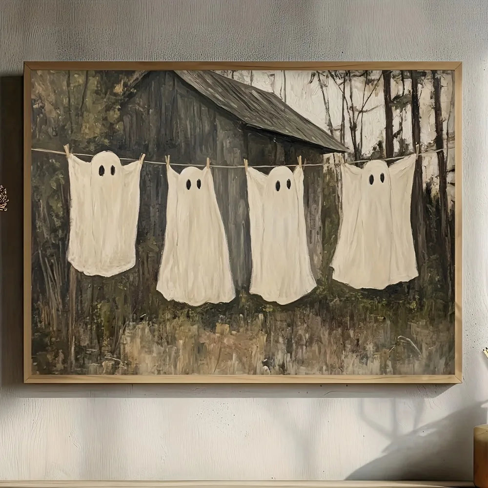 Rustic Ghost Clothesline Canvas – Spooky Farmhouse Art
