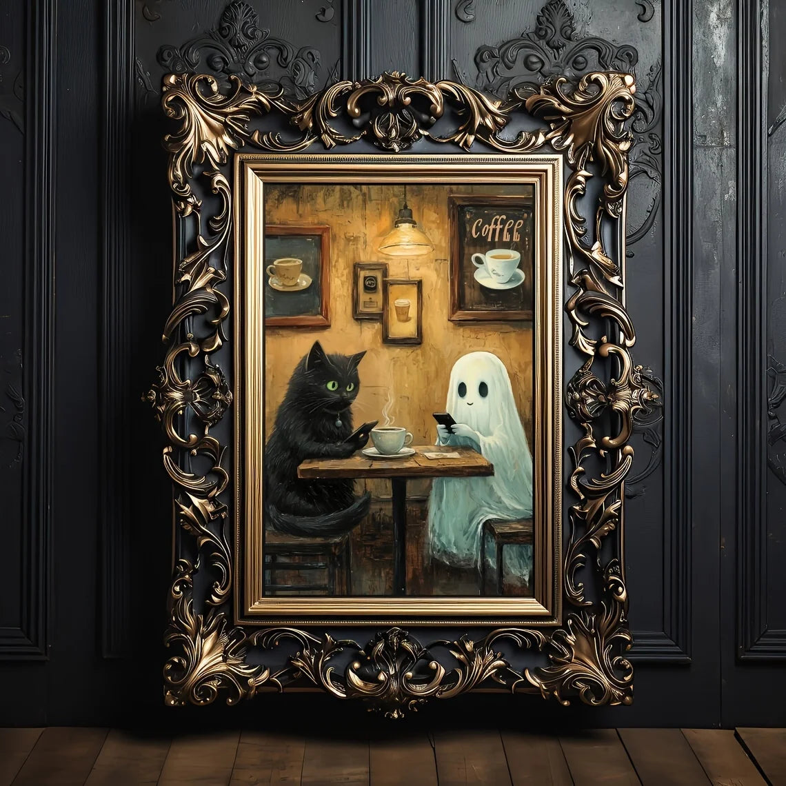 Ghost in Coffee Shop with Black Cat – Cosy Spooky Canvas Print for Home Décor