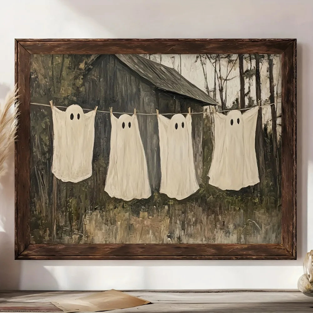 Rustic Ghost Clothesline Canvas – Spooky Farmhouse Art