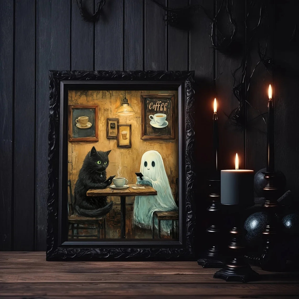 Ghost in Coffee Shop with Black Cat – Cosy Spooky Canvas Print for Home Décor