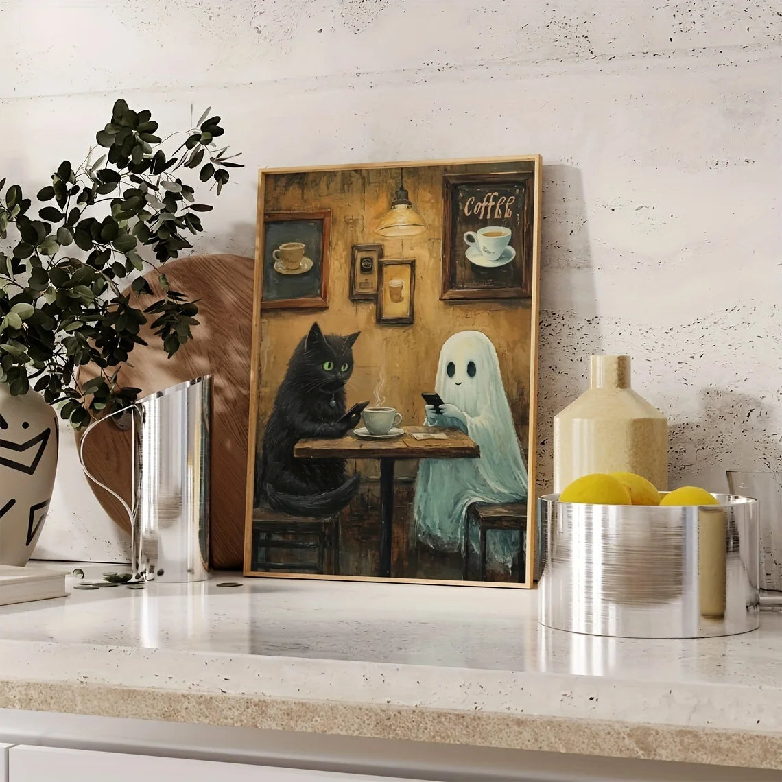 Ghost in Coffee Shop with Black Cat – Cosy Spooky Canvas Print for Home Décor