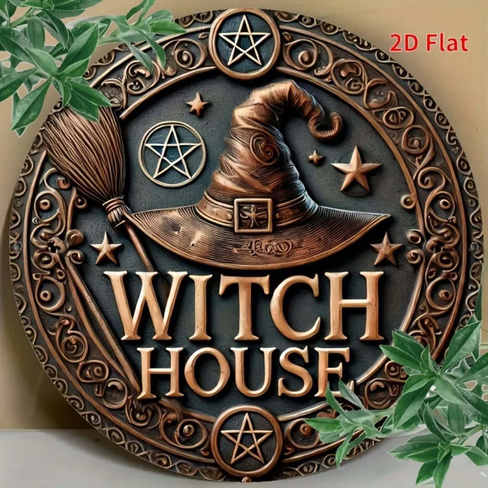 Decorative plaque with 'Witch House' text, broom, and witch hat design on a gold background.